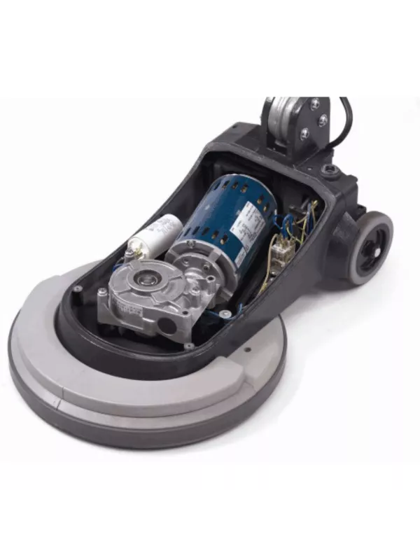 Low-profile floor scrubber head with green brush attachment.