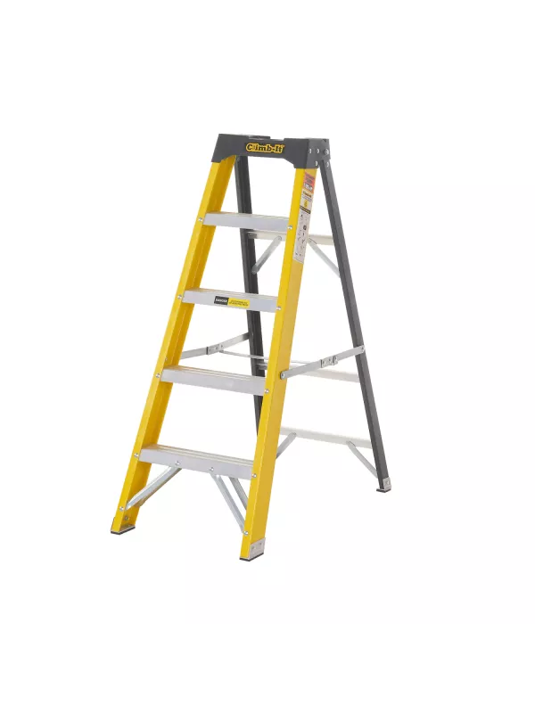 Yellow and silver step ladder with three steps, angled view.