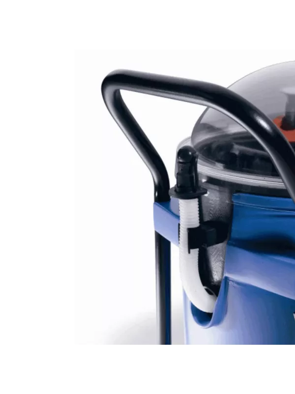 Close-up of the handle and hose connection on a Numatic extractor.