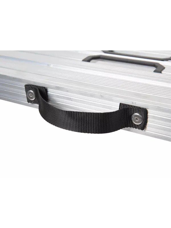 Close-up of folding hinge mechanism on aluminium work platform.