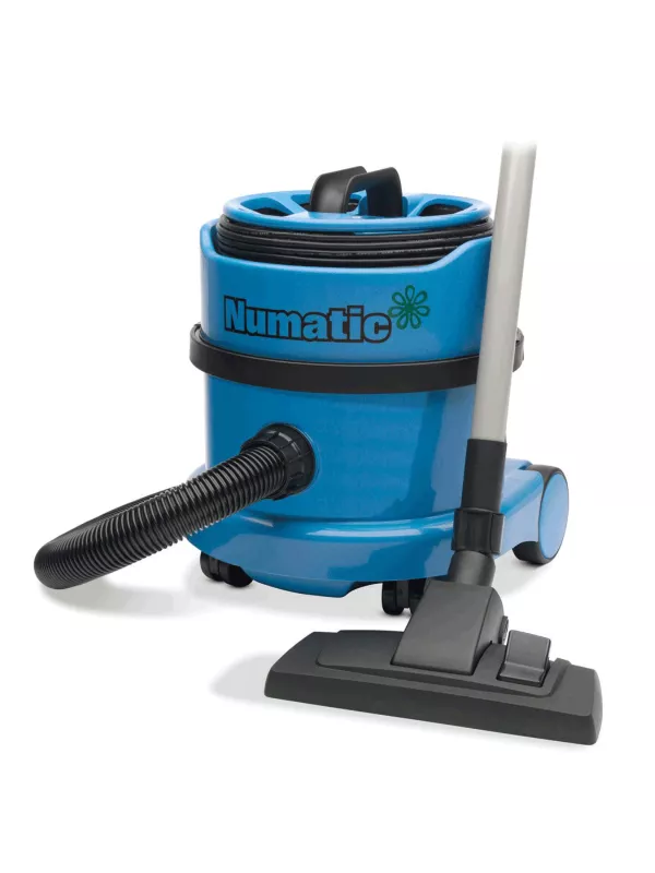 Front view of a blue Numatic PSP200 vacuum cleaner with hose and floor tool.