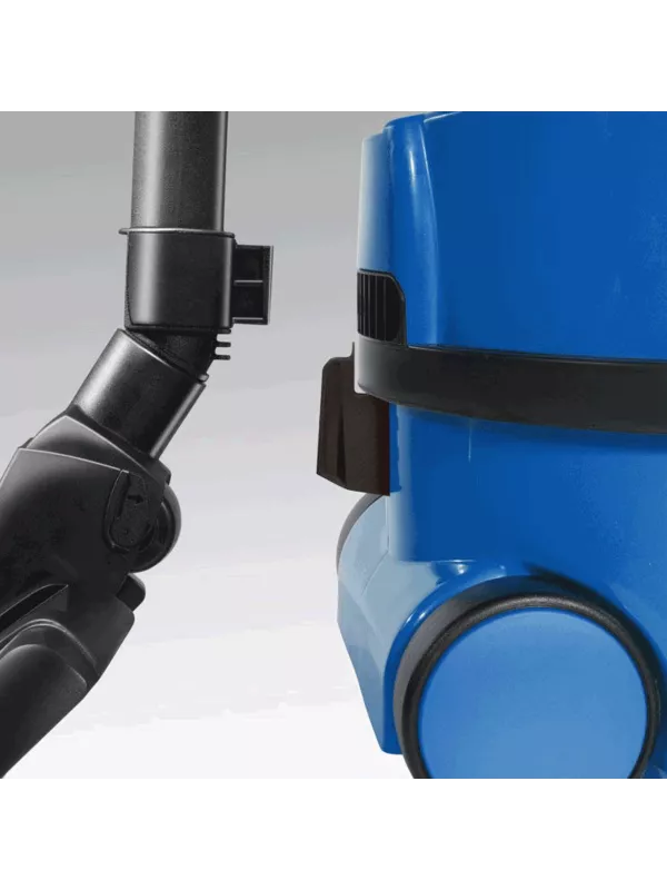 Close-up of hose connection on a blue Numatic vacuum cleaner.