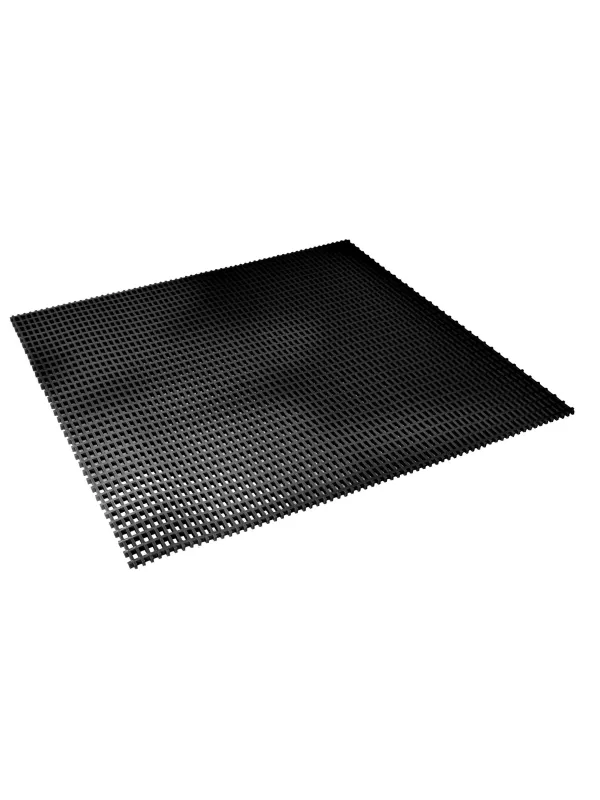 Black anti-fatigue floor mat with textured surface for standing work areas.
