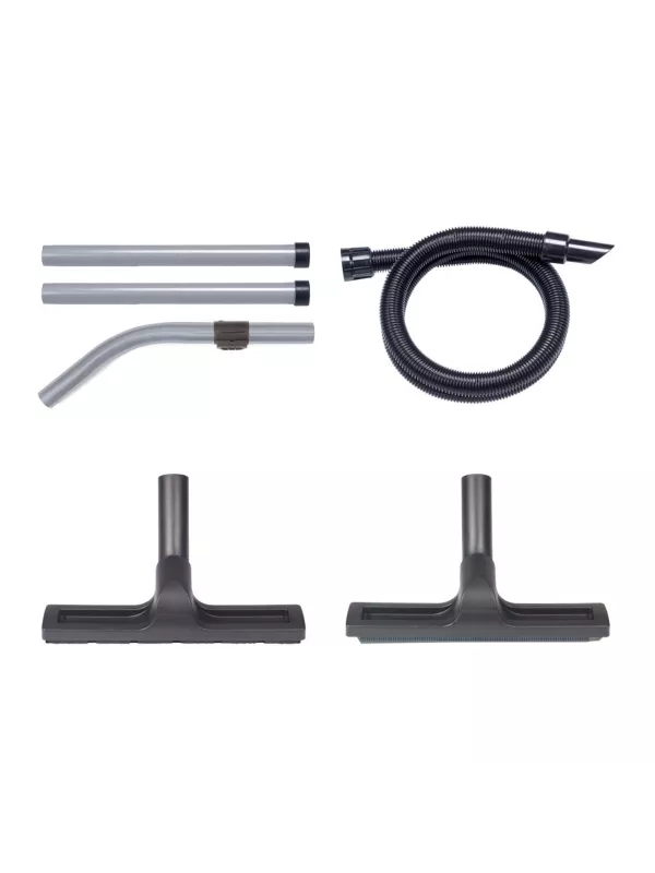 Vacuum accessory kit with hose, metal tubes, curved wand, and two floor tools.