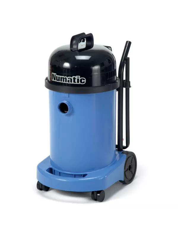 Numatic blue vacuum cleaner with black lid and upright trolley frame.