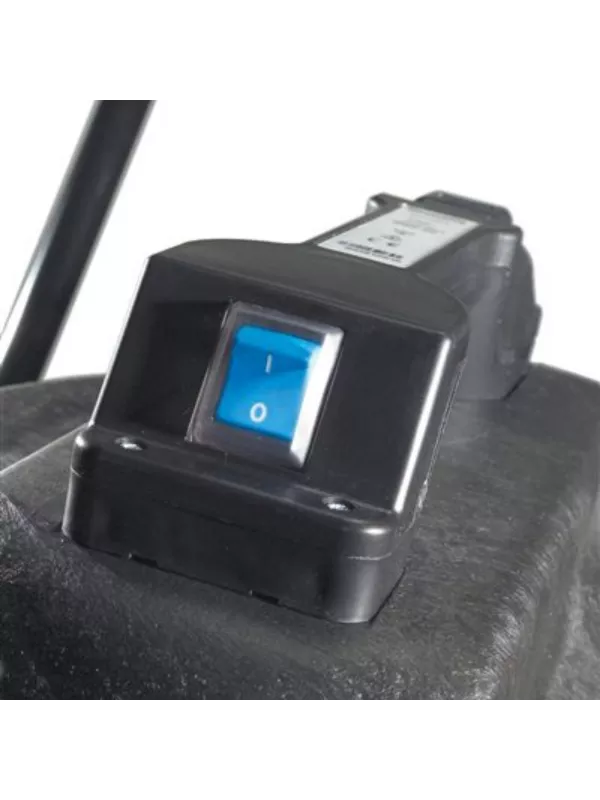 Close-up of the power switch and control panel on a Numatic vacuum cleaner.