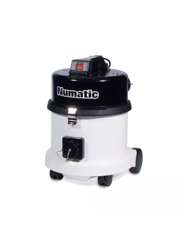 Numatic vacuum cleaner with black top and white drum on castor wheels