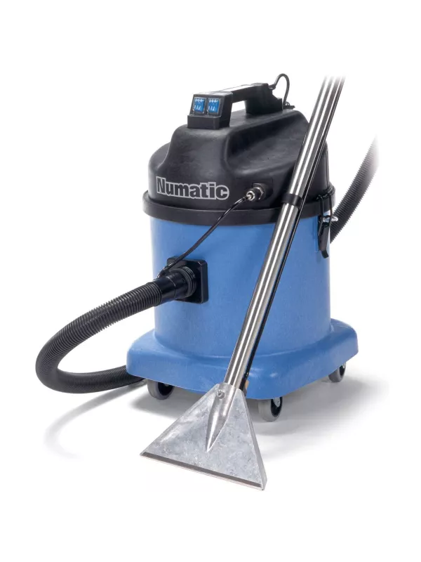 Blue Numatic extractor vacuum with stainless-steel wand and floor extraction tool.