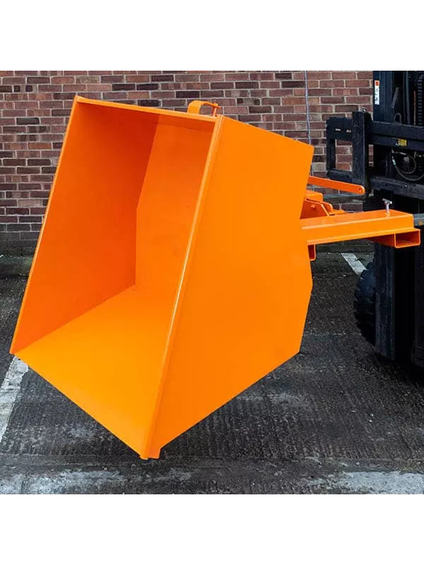 Orange forklift tipping skip viewed from the front