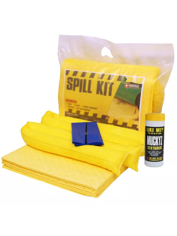 Compact spill kit with yellow absorbent pads, disposal bag, and cleaning accessories – portable spillage kit for chemical and oil spill control.