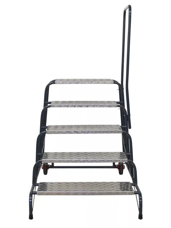 Front view of four-tread mobile safety steps with single handrail.