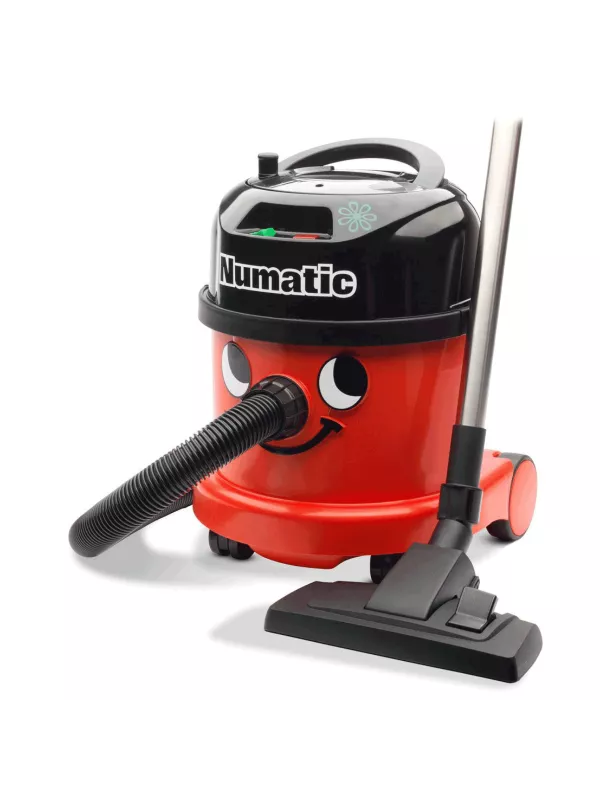 Red Numatic vacuum cleaner with hose and floor tool attached.