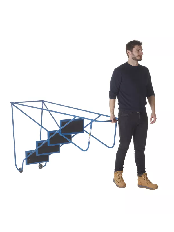 Person moving folded blue mobile safety steps with three treads.