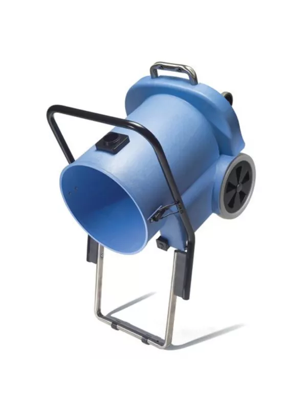 Numatic vacuum drum tipped forward on its metal trolley frame.