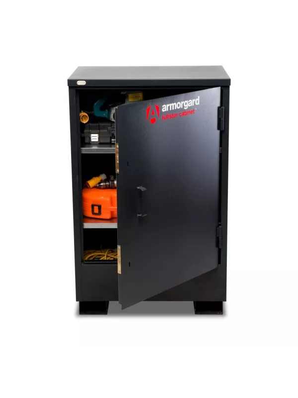 Secure steel storage cabinet with tools and site equipment stored inside