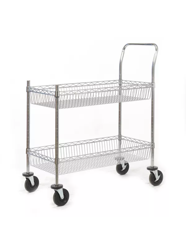 Two-tier stainless steel service trolley with wire shelves and four castor wheels for catering and commercial use.