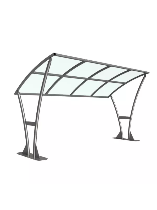 Modern cycle shelter with curved roof and decorative steel frame – durable outdoor bike storage for schools, workplaces, and public spaces