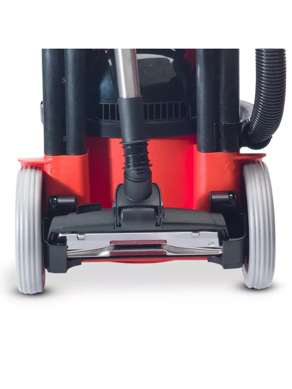 Person carrying the removable red cleaning caddy filled with spray bottles.