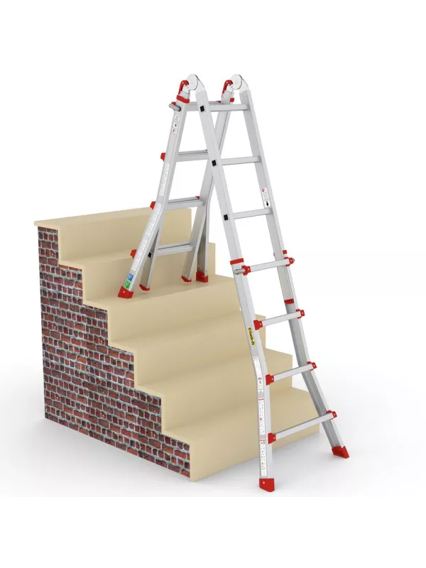 Multi-position aluminium ladder used for stairway access on different levels.