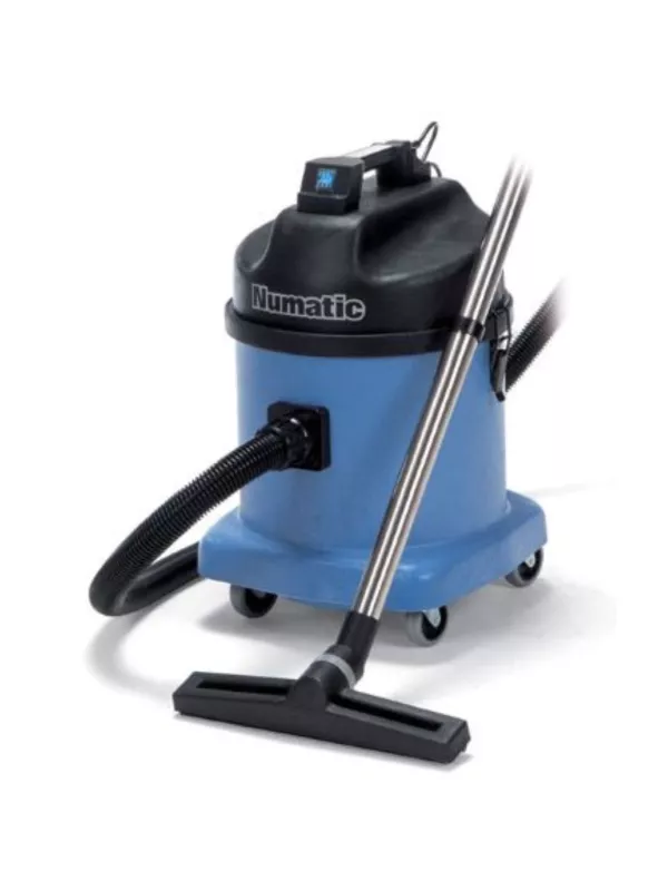 Blue Numatic wet and dry vacuum cleaner with hose and floor tool attached.