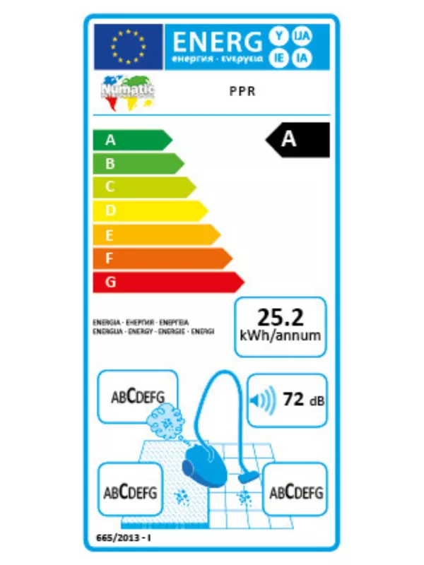 Energy efficiency label for the Numatic PPR vacuum cleaner, rated A.