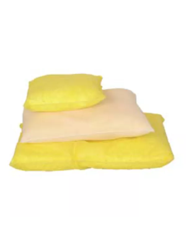 Stack of yellow absorbent pillows with absorbent pad for oil and fuel spill control.