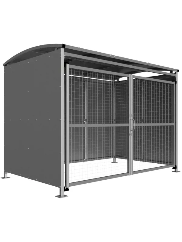 Secure cycle shelter with galvanised steel frame, mesh sides, and curved roof – outdoor bike storage for schools and businesses.