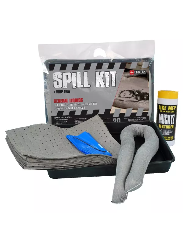 Compact spill kit with grey absorbent pads, absorbent sock, drip tray, and disposal bag – portable spillage kit for oil and fuel spill control.