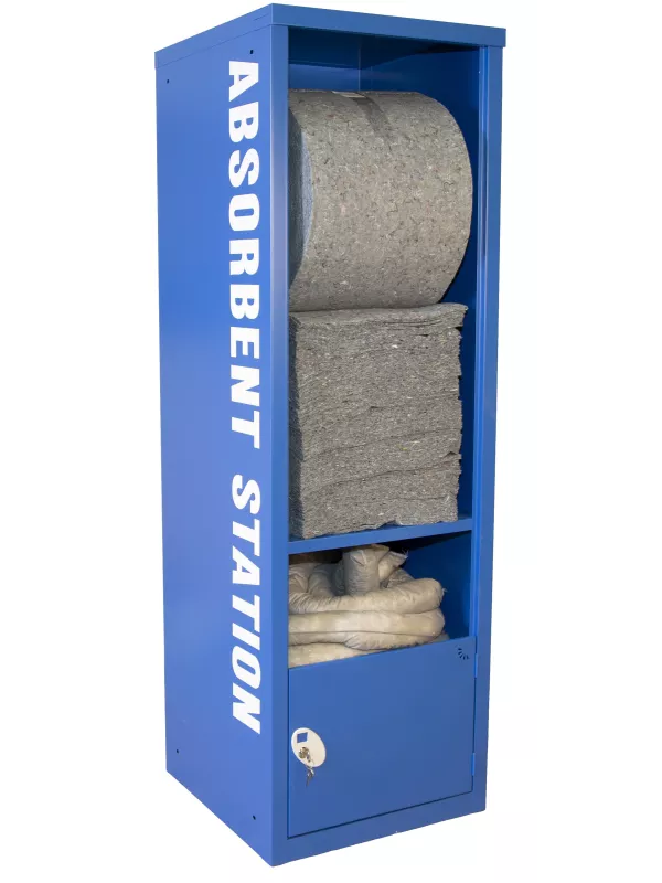 Blue absorbent station cabinet with absorbent pads, rolls, and socks for spill control