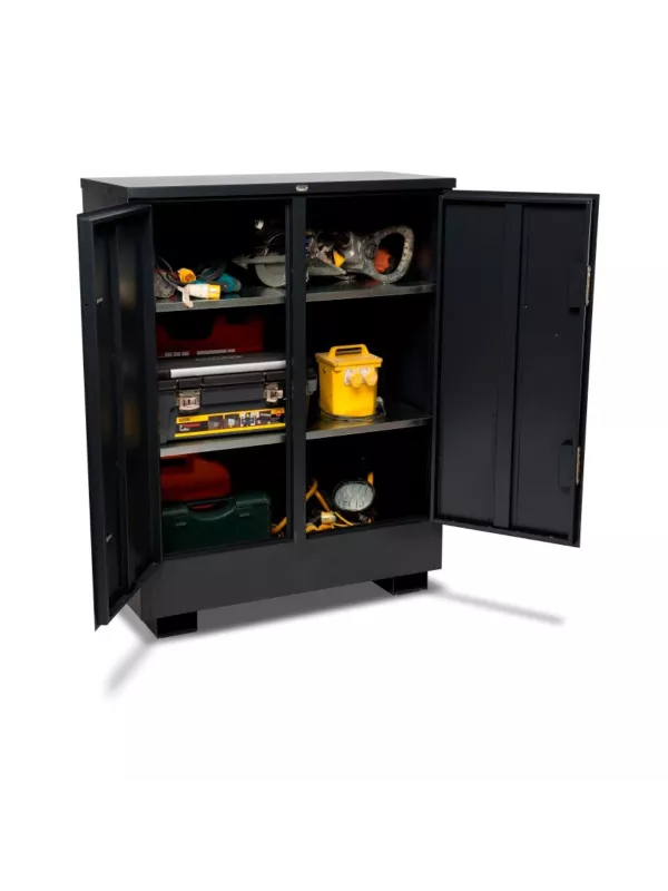 Heavy-duty lockable storage cabinet with organised internal compartments