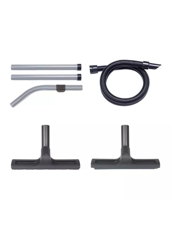 Vacuum accessory set including hose, metal tubes, curved wand, and two floor tools.