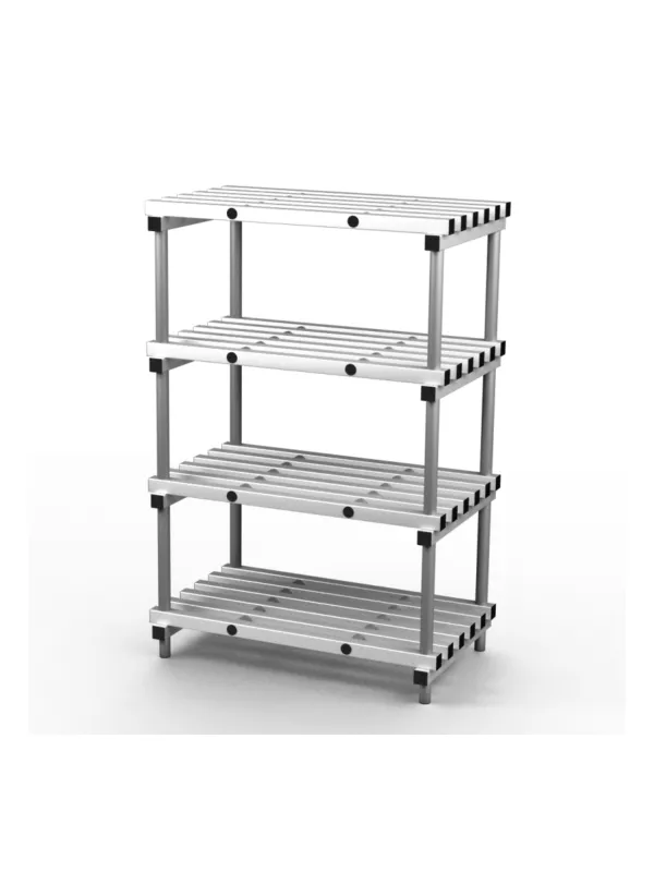 Multi-tier aluminium shelving unit with slatted shelves and open frame design