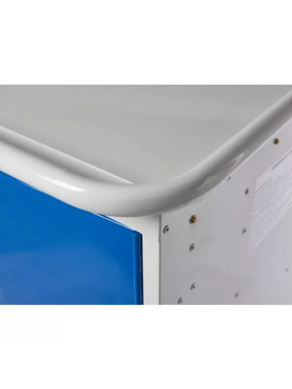 Detail of reinforced corner and curved top on mobile charging cabinet.