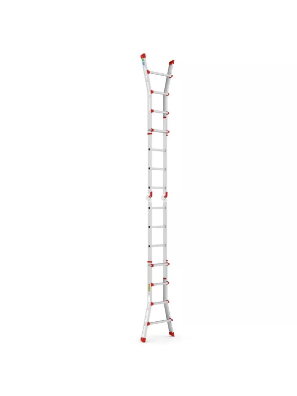 Fully extended multi-position aluminium ladder with red safety feet.