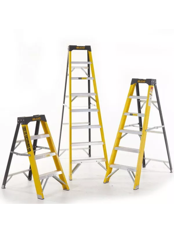 Three yellow and silver step ladders arranged in height order
