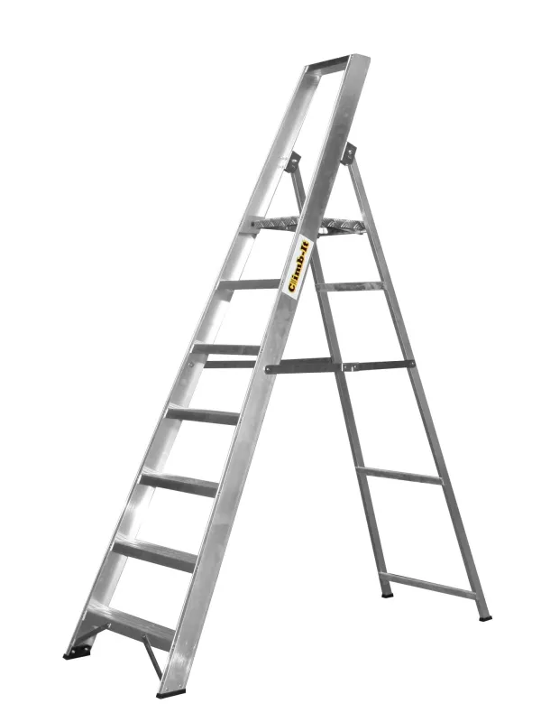 Single silver aluminium step ladder with six steps, angled front view.