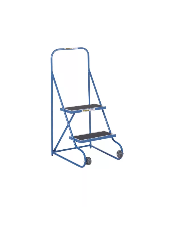 Front view of blue mobile safety steps with three treads and handrail.