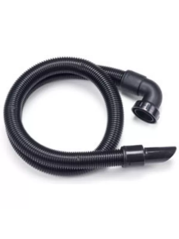 Coiled black vacuum hose with fitted end connectors on a white background.