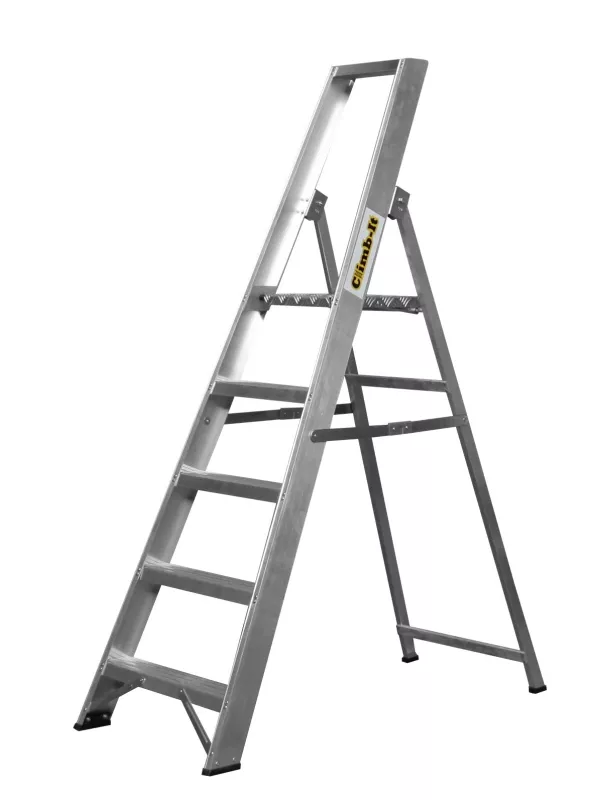 Silver aluminium step ladder with five steps on white background.
