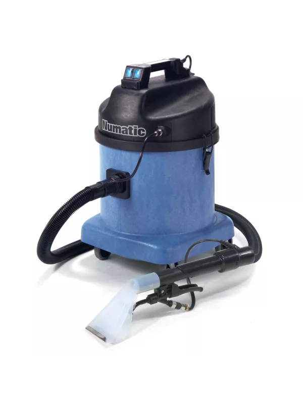 Blue Numatic extractor vacuum with hose and upholstery spray tool attached.
