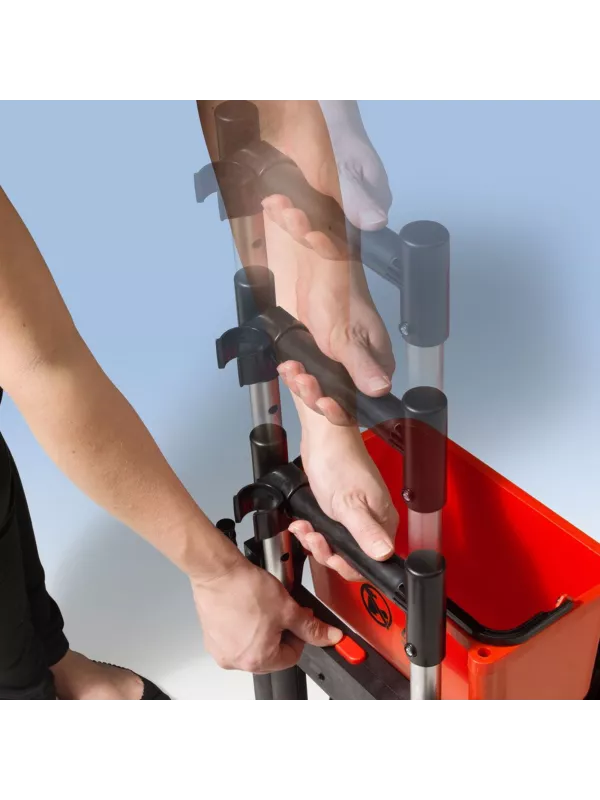 Close-up of a person adjusting the handle height on the cleaning caddy unit.
