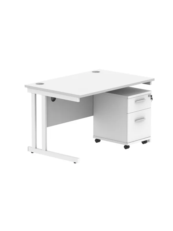 Core Twin Upright Rectangular Desk with Mobile Pedestal - Artic White