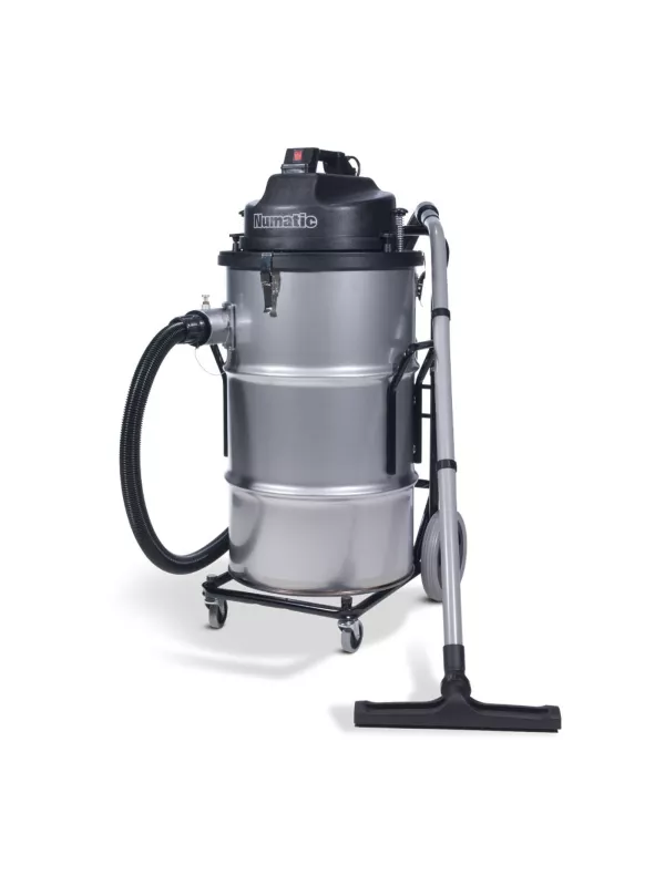 Industrial wet and dry vacuum cleaner with hose and floor nozzle, shown on wheels.