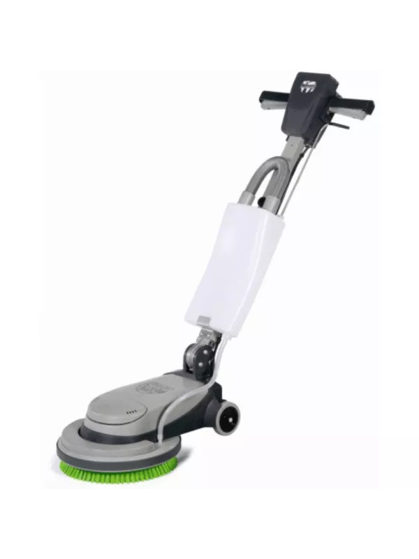 Floor scrubbing machine with upright handle and green scrubbing pad.