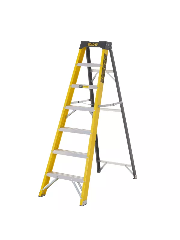 Yellow and silver step ladder with five steps on white background.