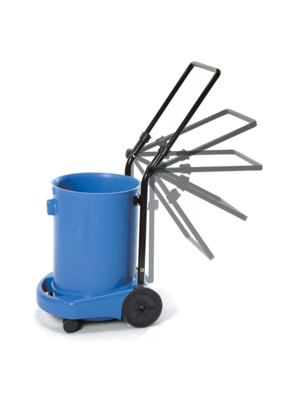 Numatic vacuum drum being tipped using the multi-position trolley frame.