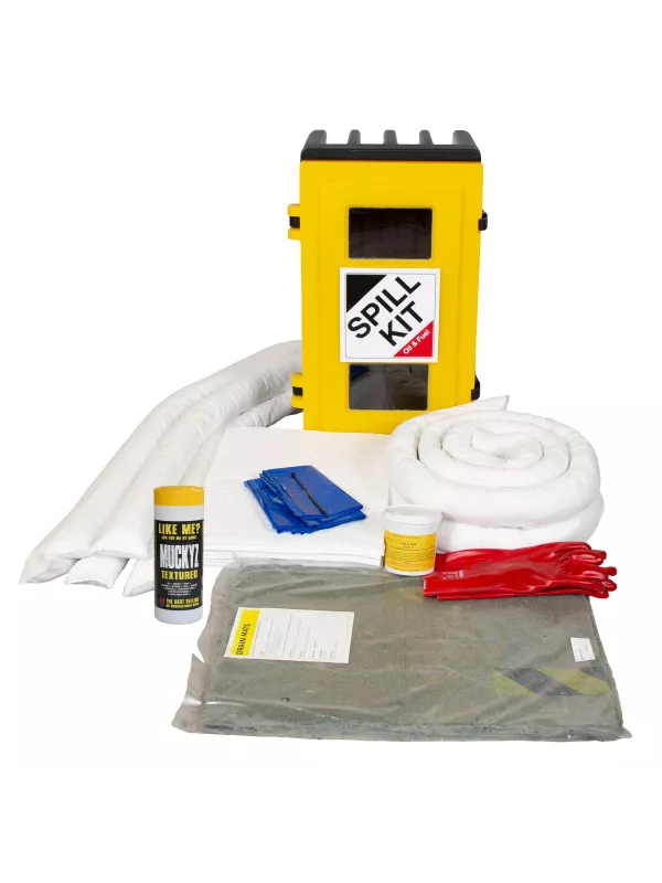 Yellow spill kit container with absorbent pads, socks, gloves, and accessories for spill control