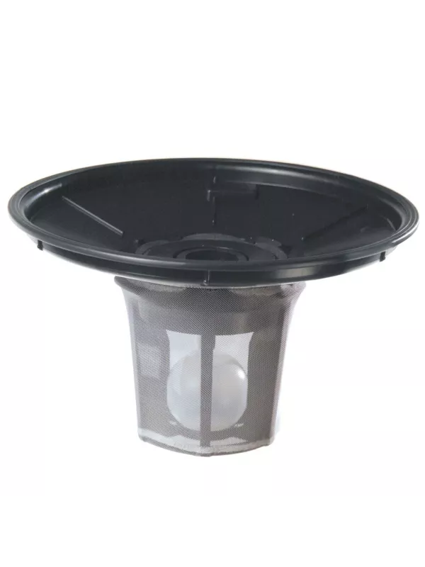 Black vacuum filter on a white background.