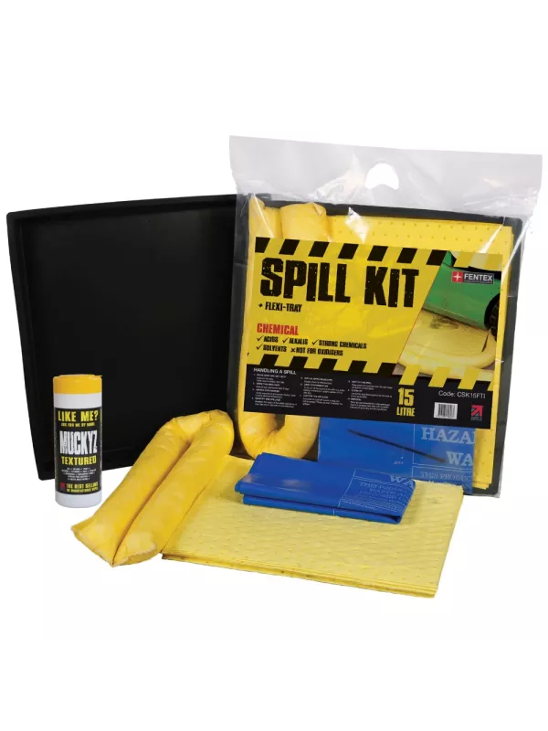 Compact spill kit in portable bag with absorbent pads, socks, gloves, and spill control accessories