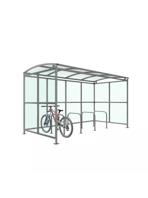 Cycle shelter with integrated bike racks and steel frame – secure bicycle parking shelter for outdoor use.